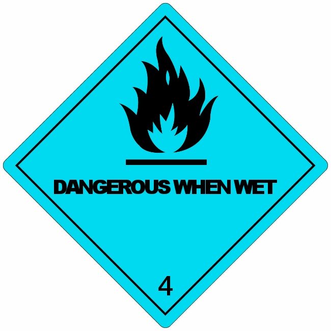 Klasse 4.3 Dangerous when wet etiket (met tekst) 100 x 100 mm