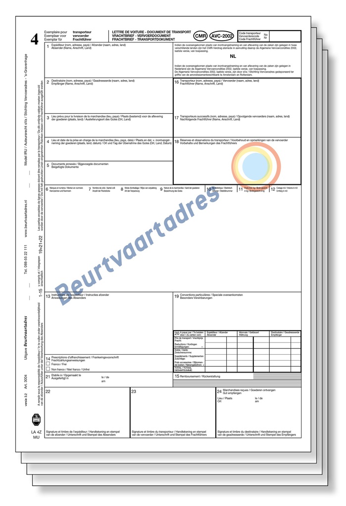 Genummerde CMR 4-voud laser vrachtbrief  (volgorde 4,3,2,1)