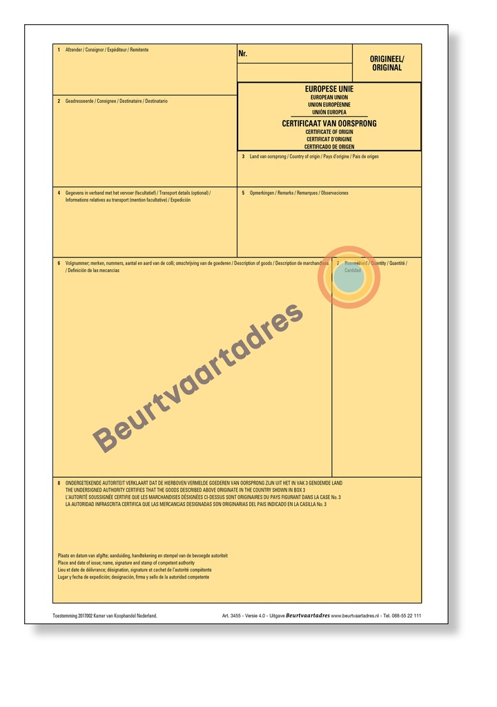 Certificaat van Oorsprong (CVO) 1-voud laser