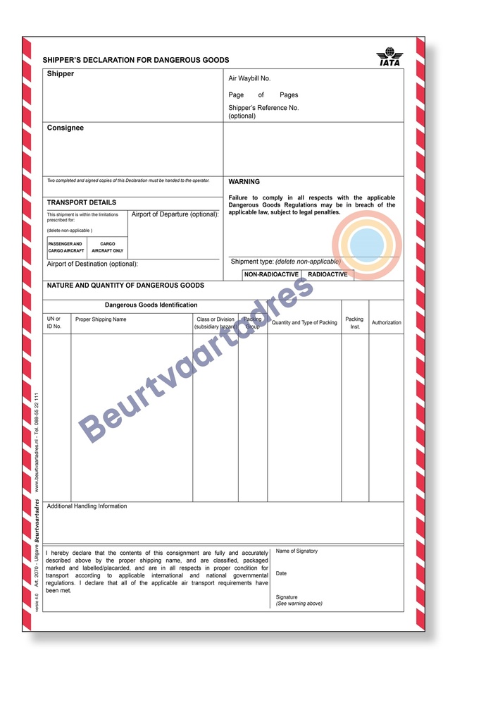 Shipper's declaration Enkelvoud - Laserdocument met vakkenindeling