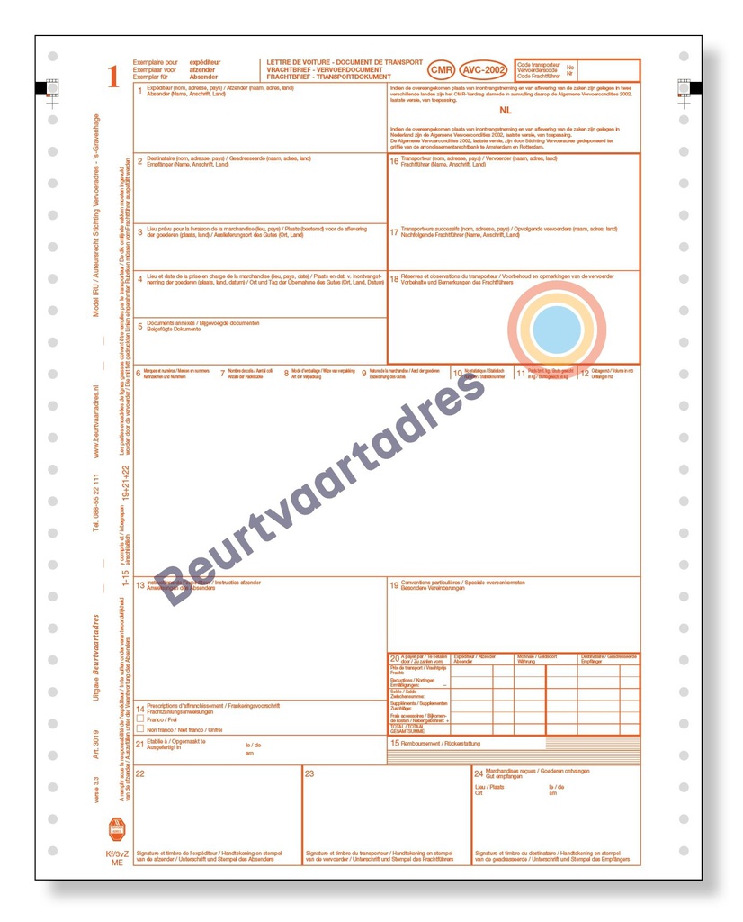 CMR 3-voud ketting vrachtbrief ongenummerd (volgorde 1,2,3)