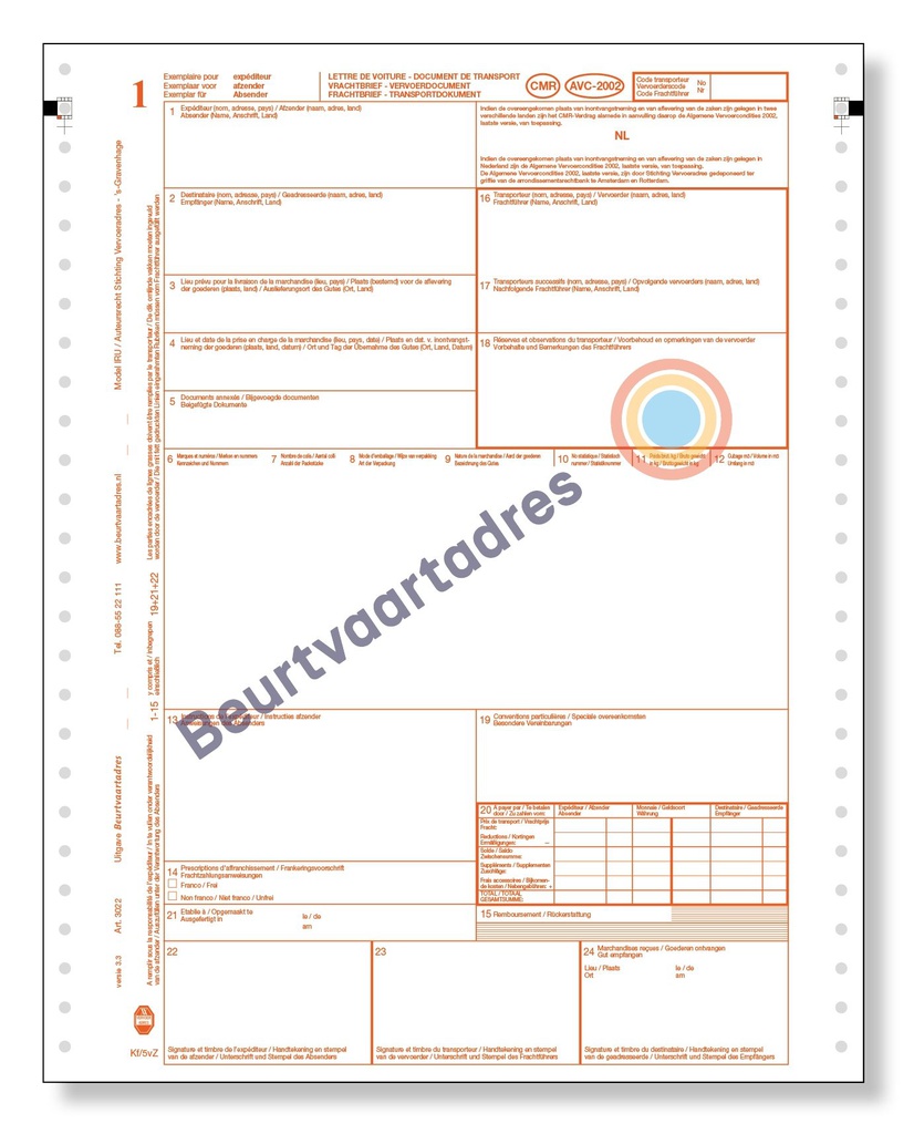 CMR 5-voud ketting vrachtbrief ongenummerd (volgorde 1,2,3,4,5)