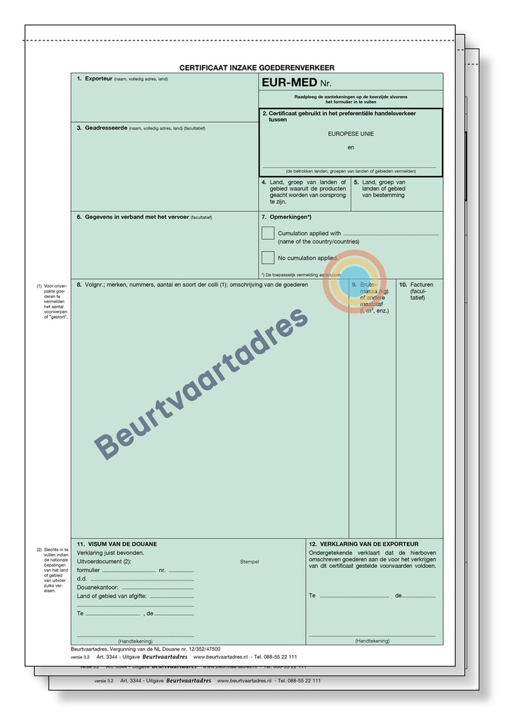 Certificaat EUR MED 3-voud handmatige set