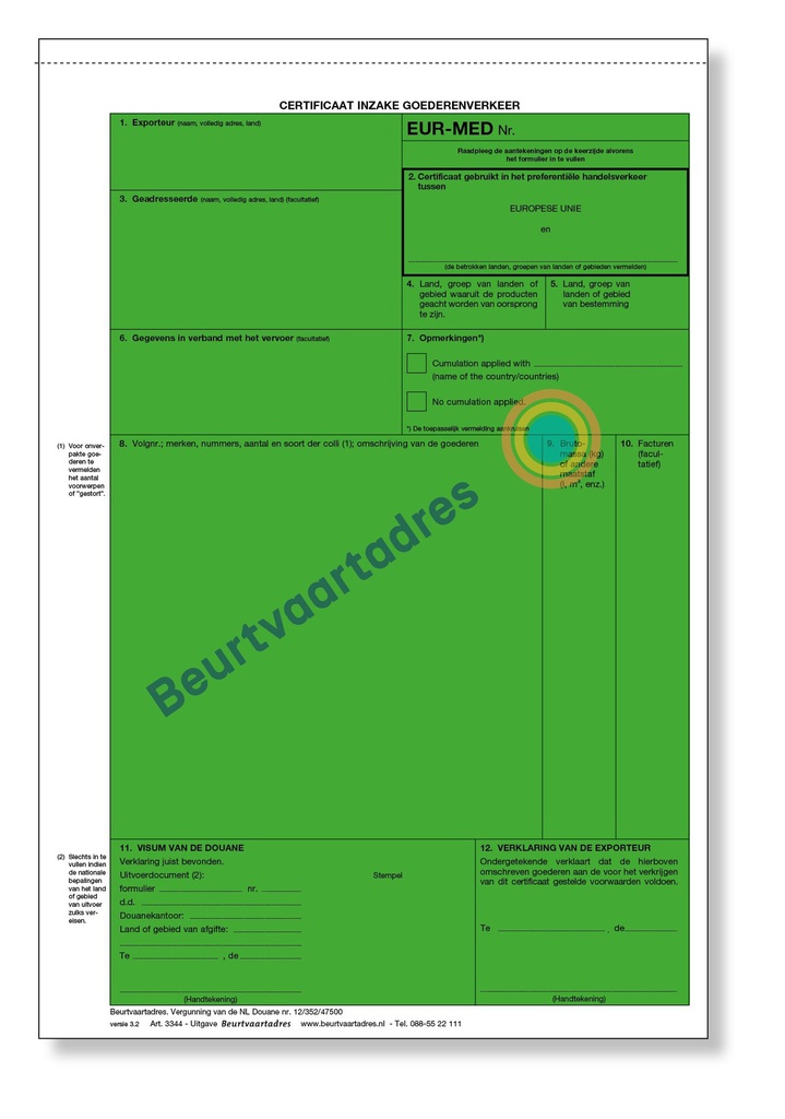 Certificaat EUR MED 3-voud handmatige set