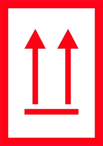 [80513] Deze kant boven houden etiket rood (polypropyleen op rol) 74 x 105 mm