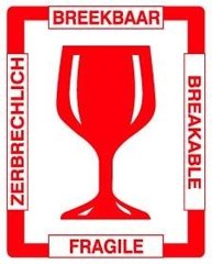 [80515] Breekbaar etiket rood 4 talen (polypropyleen op rol) 74 x 105 mm